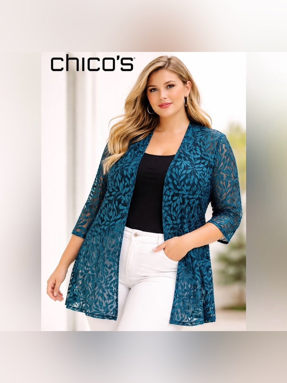 Chico’s Embroidered Cardigan in Teal and Navy Blue| Size: 3